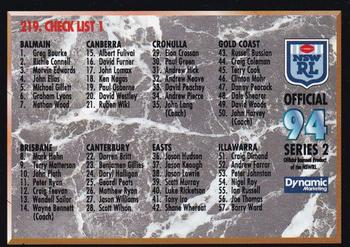 1994 Dynamic Rugby League Series 2 #219 Checklist Front